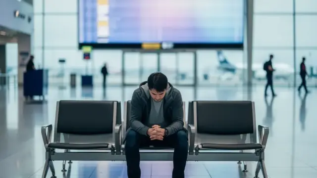 Fluggast wartet mit Koffer am Gate bei Verspätung in einem US-Flughafen