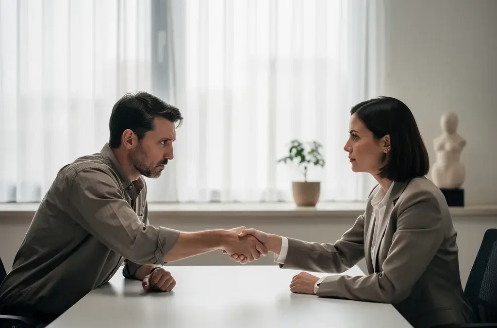 Abfindung einfach erklärt mit Arbeitnehmer und Arbeitgeber bei Vertragsende im Büro