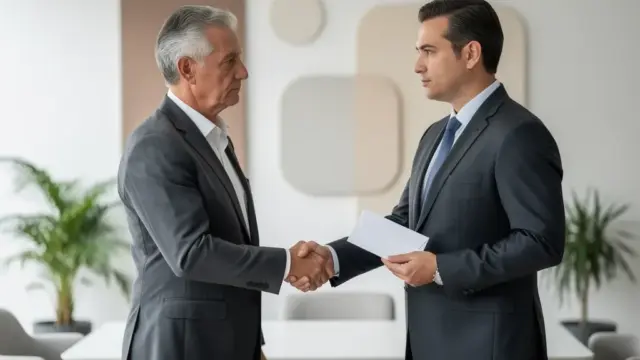 Mann und Frau besprechen Aufhebungsvertrag und Abfindung im Büro