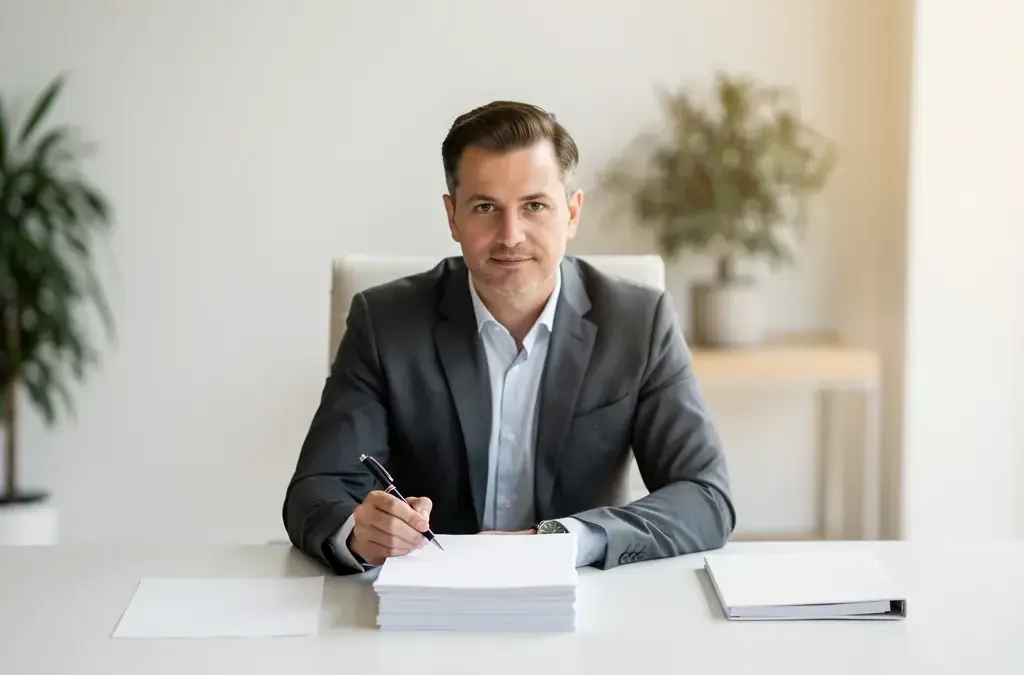 Mann mit Akten und Vertragsunterlagen bereitet Abfindungsverhandlung strategisch vor