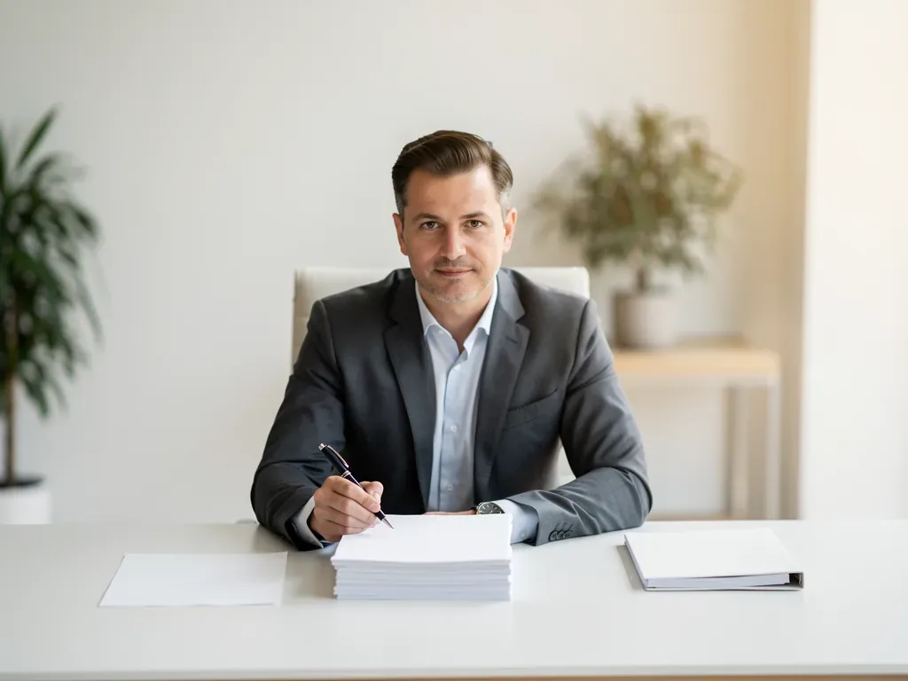 Mann mit Akten und Vertragsunterlagen bereitet Abfindungsverhandlung strategisch vor