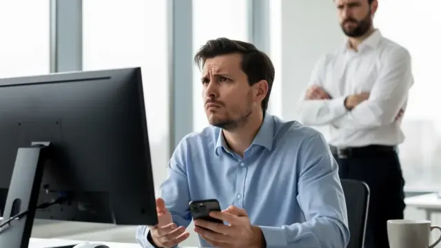Mitarbeiter am Arbeitsplatz mit Laptop private Internetnutzung und mögliche Abmahnung