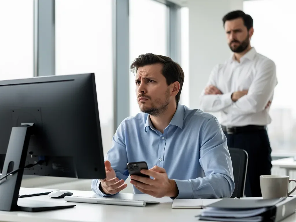 Mitarbeiter am Arbeitsplatz mit Laptop private Internetnutzung und mögliche Abmahnung