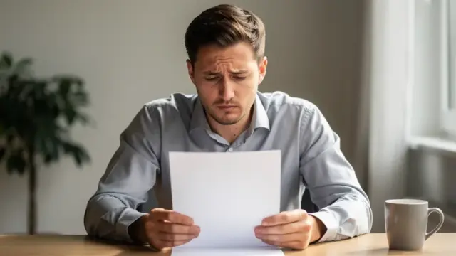 Mitarbeiter liest sorgfältig eine schriftliche Abmahnung im Arbeitsrecht zu Hause