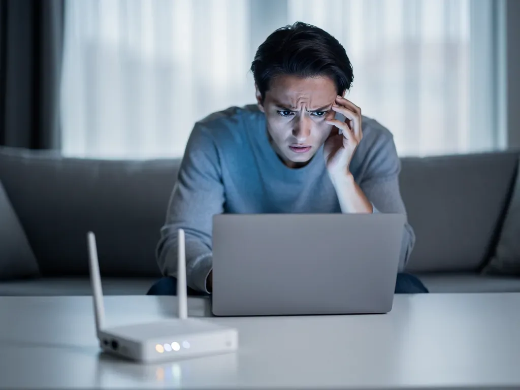 Person mit Laptop neben WLAN-Router zur Absicherung gegen Abmahnung im WLAN
