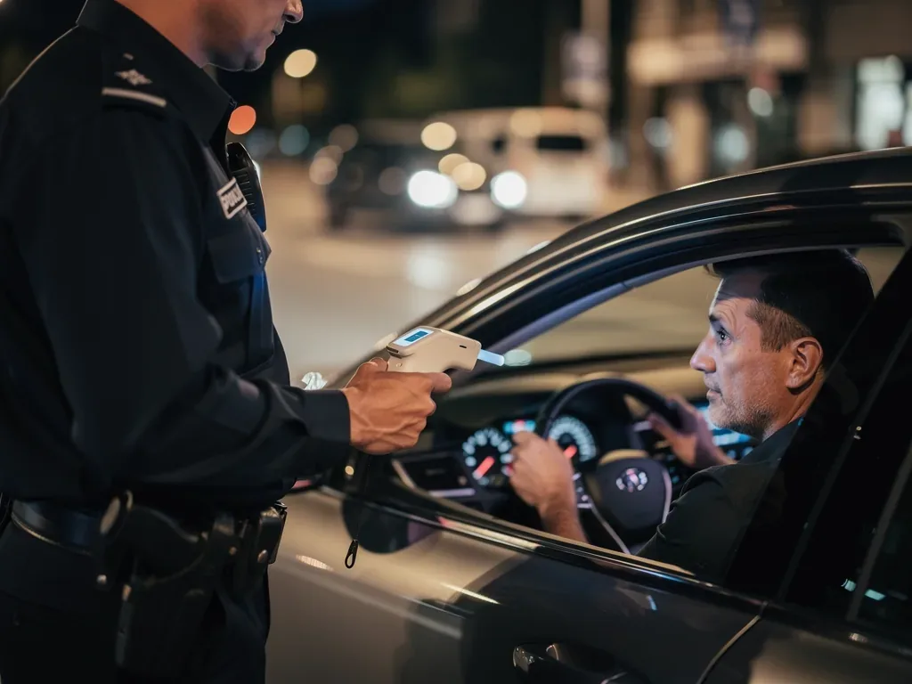Polizist führt Atemalkoholtest bei Verkehrskontrolle zur Sicherheit durch