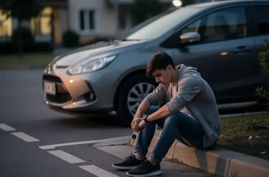 Junger Fahrer mit Auto und Alkoholglas symbolisiert Alkohol Probezeit Folgen