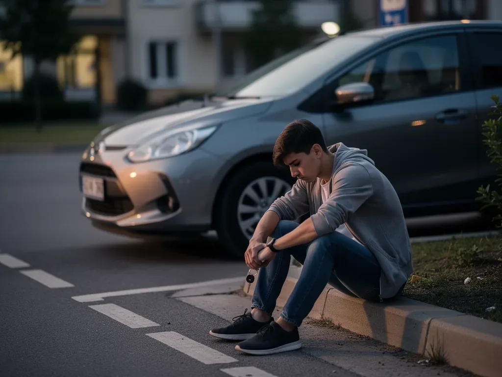 Junger Fahrer mit Auto und Alkoholglas symbolisiert Alkohol Probezeit Folgen
