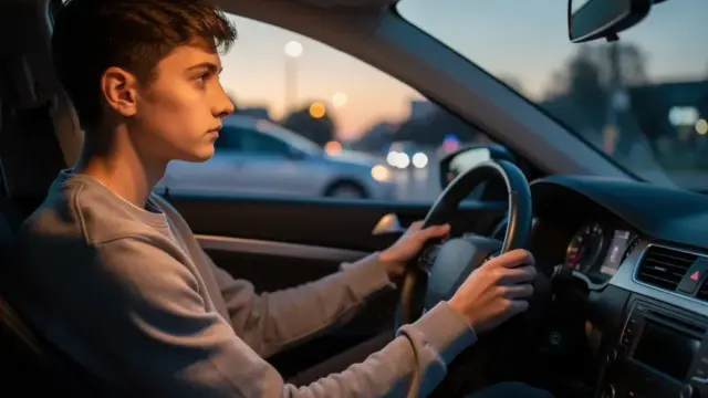 Junger Fahrer am Steuer neben alkoholischen Getränken als Warnung vor Strafen