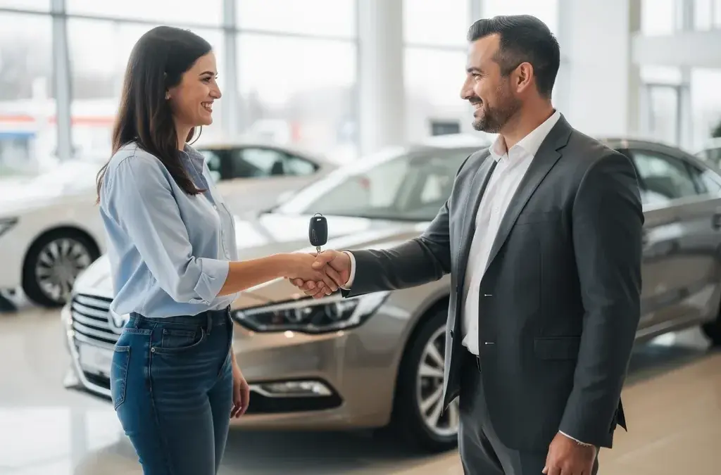 Person übergibt Autoschlüssel bei Vertragsabschluss Anzahlung Leasing Autokauf