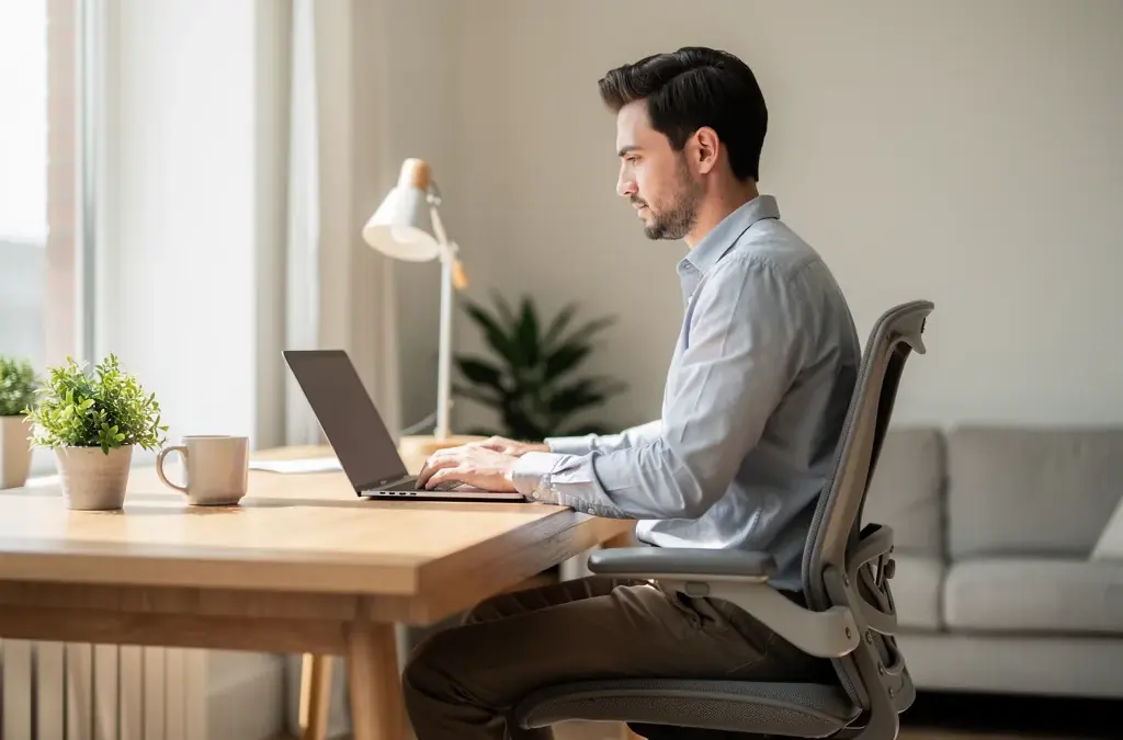 Moderner ergonomischer Home Office Arbeitsplatz mit Laptop und ruhiger Umgebung
