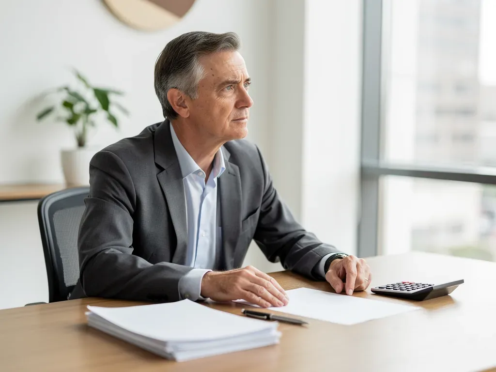 Älterer Arbeitnehmer bespricht Arbeitsende und Rentenansprüche mit Berater am Schreibtisch