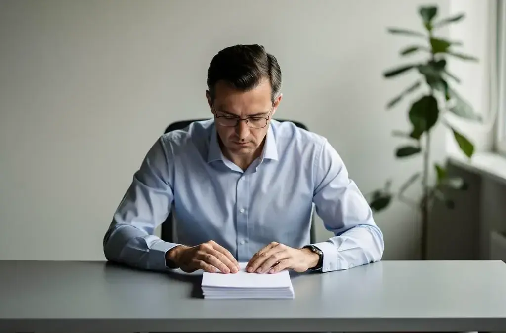 Mann unterschreibt Aufhebungsvertrag ohne Abfindung vor Laptop im Büro