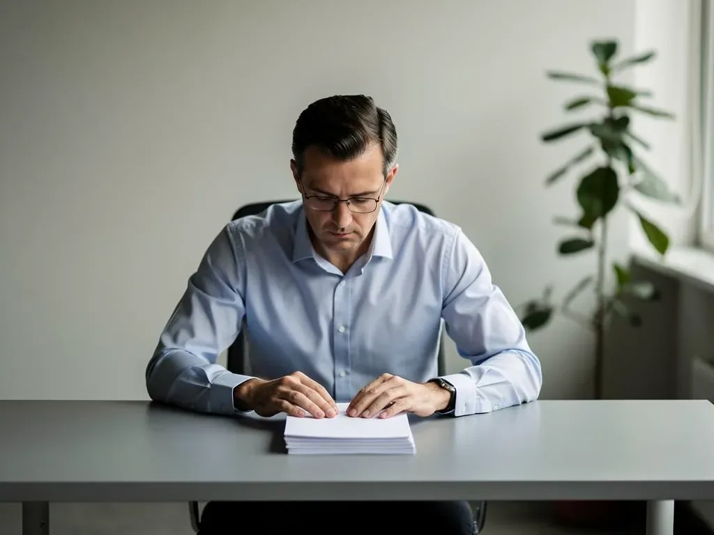 Mann unterschreibt Aufhebungsvertrag ohne Abfindung vor Laptop im Büro