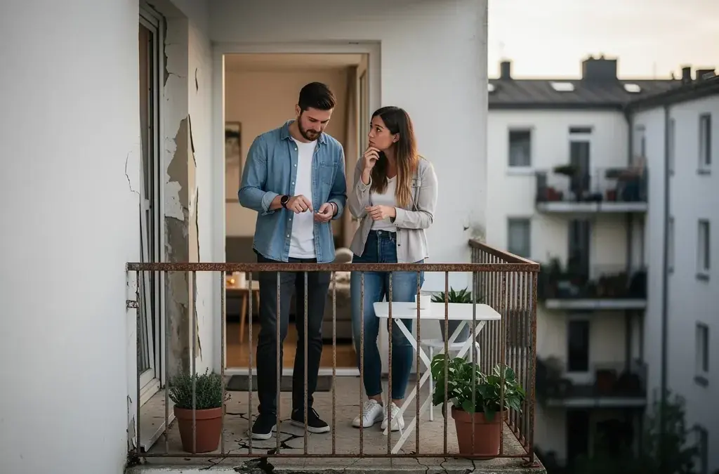 Verschmutzter Balkon mit beschädigtem Boden als Grund für Mietminderung