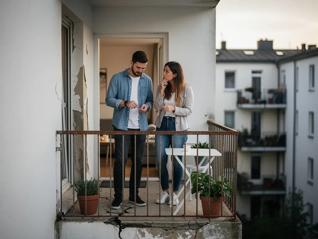 Verschmutzter Balkon mit beschädigtem Boden als Grund für Mietminderung