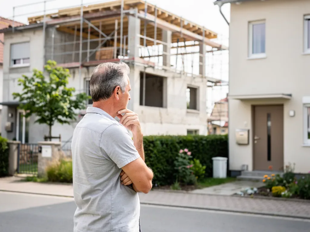 Nachbar liest Baugenehmigung und prüft Widerspruchsmöglichkeiten gegen Bauvorhaben