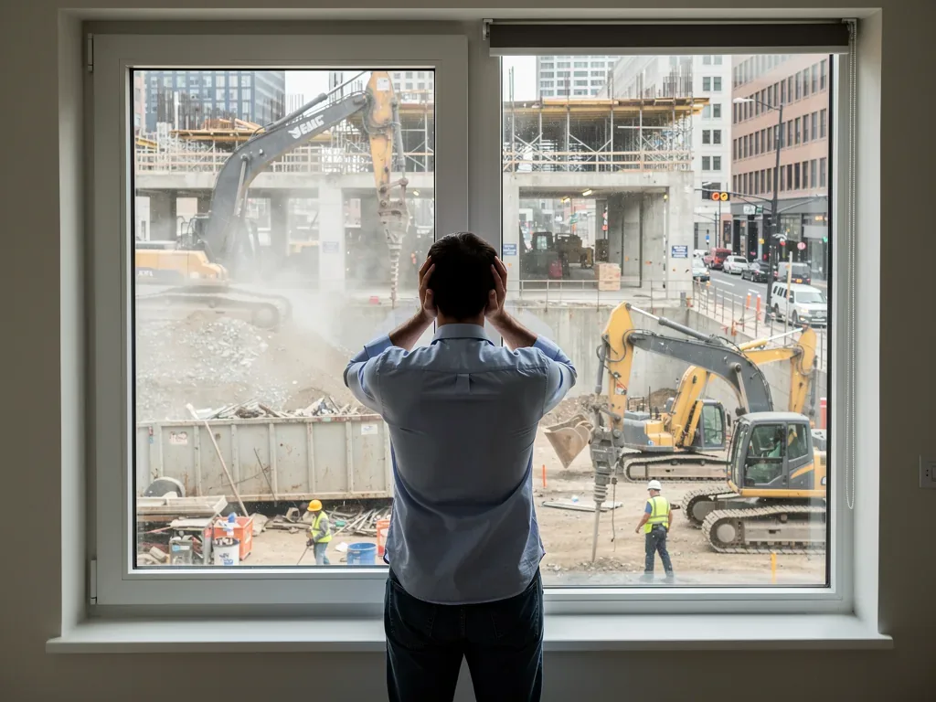 Baulärm vor Wohnhaus mit Baustelle symbolisiert Rechte auf Mietminderung bei Lärmbelästigung