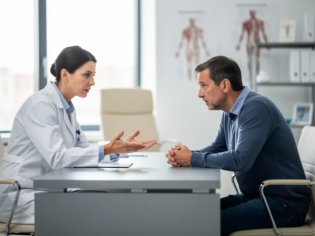 Arzt und Patient besprechen verschiedene Arten von Behandlungsfehlern und Rechte