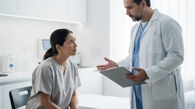 Arzt und Patient besprechen Behandlungsfehler in der Chirurgie mit Dokumenten und Laptop