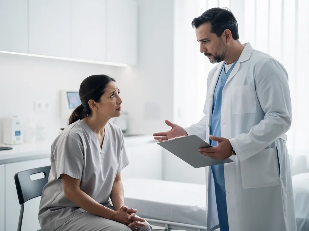 Arzt und Patient besprechen Behandlungsfehler in der Chirurgie mit Dokumenten und Laptop