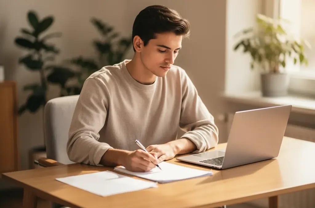 Person bei der Jobsuche mit Notizbuch und klaren beruflichen Prioritäten