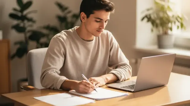 Person bei der Jobsuche mit Notizbuch und klaren beruflichen Prioritäten