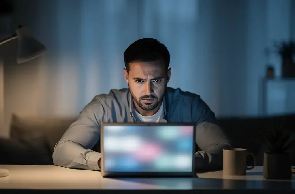 Person vor Laptop prüft rechtssicher Schadensersatz bei Betrugsgefahr durch Datenleck