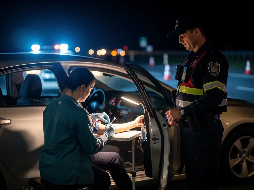 Medizinisches Fachpersonal entnimmt Blutprobe bei Verkehrskontrolle wegen Alkoholverdacht