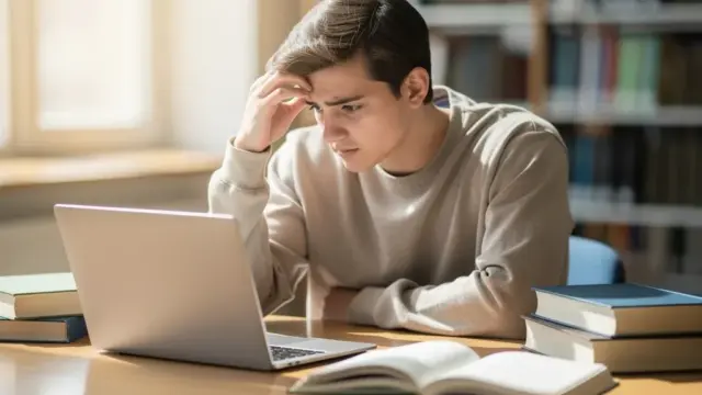 Studentin mit Büchern und Laptop sichert Zukunft mit Berufsunfähigkeitsversicherung