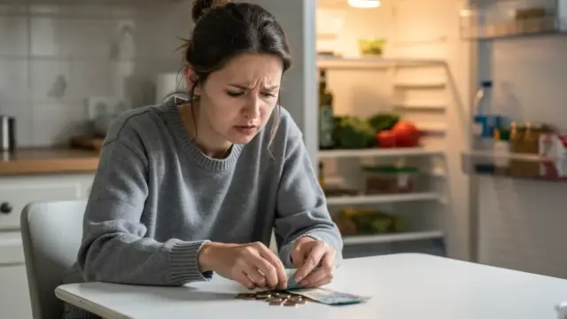 Betroffene Familie vor Wohnung symbolisiert Belastung durch zu starke Bürgergeld Kürzung