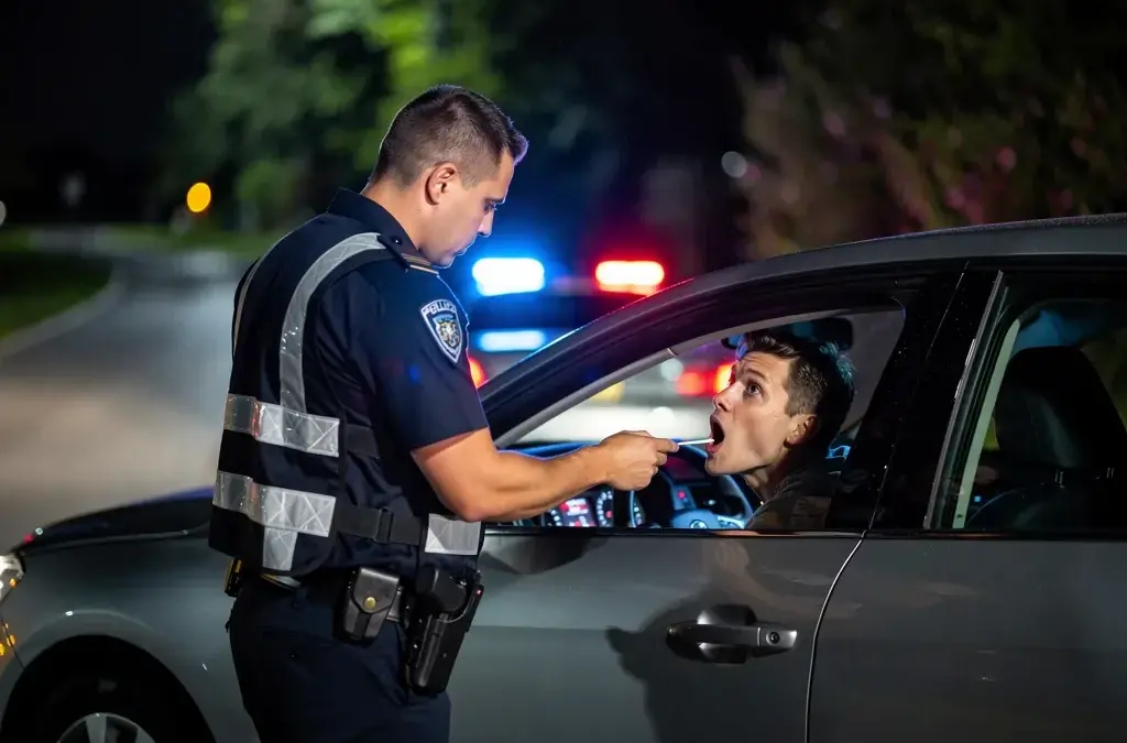 Polizist führt Drogentest bei Verkehrskontrolle mit Speichelprobe durch