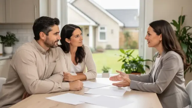 Ehepaar bespricht Ehevertrag zur Absicherung ihres gemeinsamen Immobilienvermögens