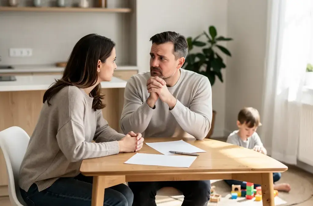 Familie bespricht Ehevertrag zur finanziellen Sicherheit und Schutz der Kinder