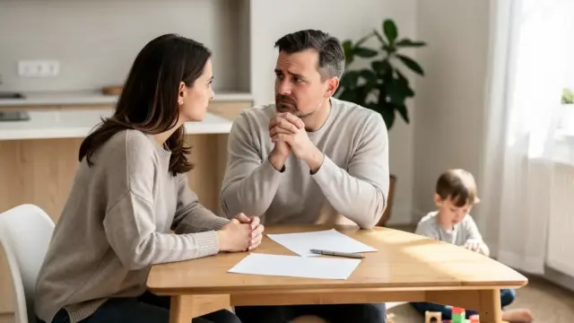 Familie bespricht Ehevertrag zur finanziellen Sicherheit und Schutz der Kinder