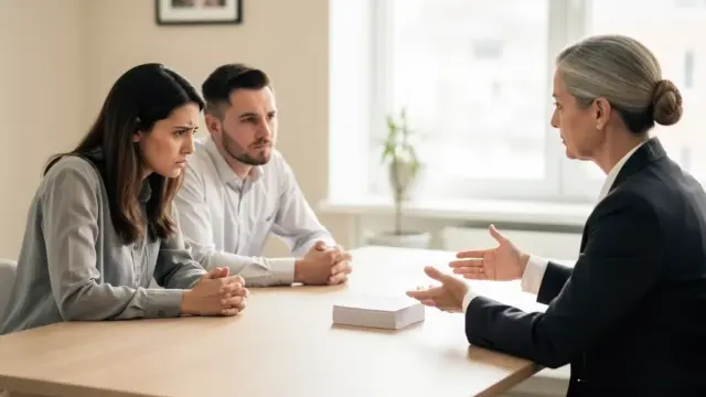 Vertragspartner unterschreiben Ehevertrag in Anwesenheit eines Notars in hellem Büro