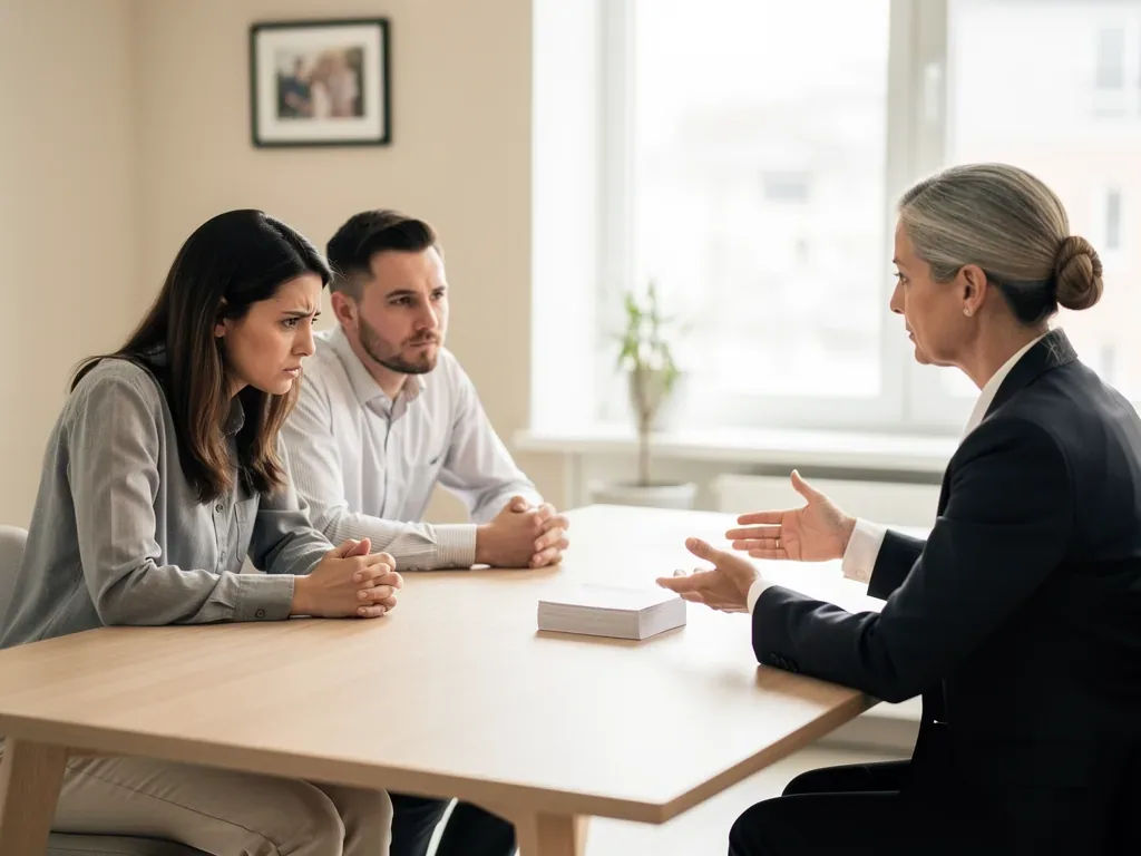 Vertragspartner unterschreiben Ehevertrag in Anwesenheit eines Notars in hellem Büro