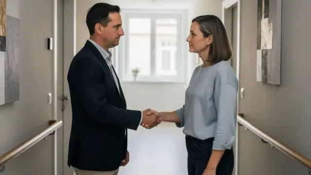 Vermieter besprechen rechtssichere Eigenbedarfskündigung bei mehreren Mietparteien im Wohnhaus