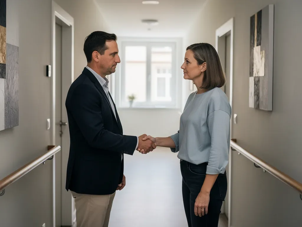 Vermieter besprechen rechtssichere Eigenbedarfskündigung bei mehreren Mietparteien im Wohnhaus