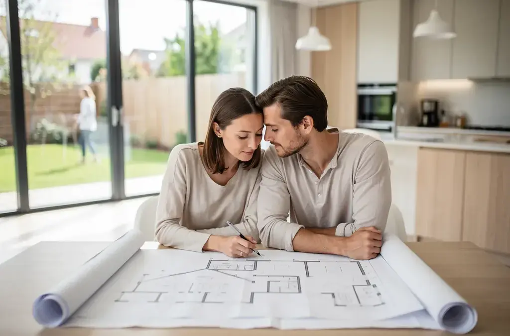 Wohnhaus mit Grafik von Finanzvergleich zwischen Eigenheim mieten und kaufen langfristig
