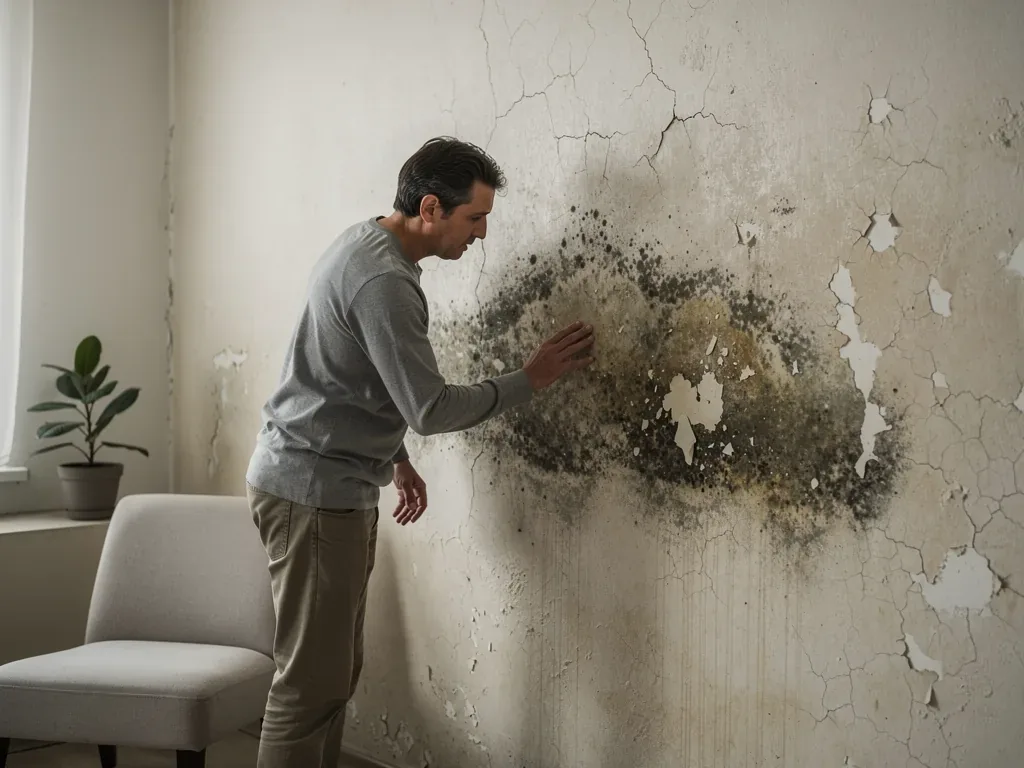 Mieter prüft beschädigte Wohnung mit Heizungsausfall und Mietminderungsanspruch
