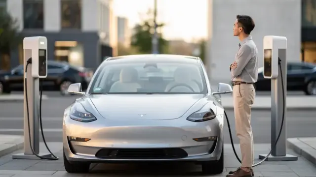 Elektroauto beim Leasingvertrag auf urbaner Straße mit Ladestation im Hintergrund