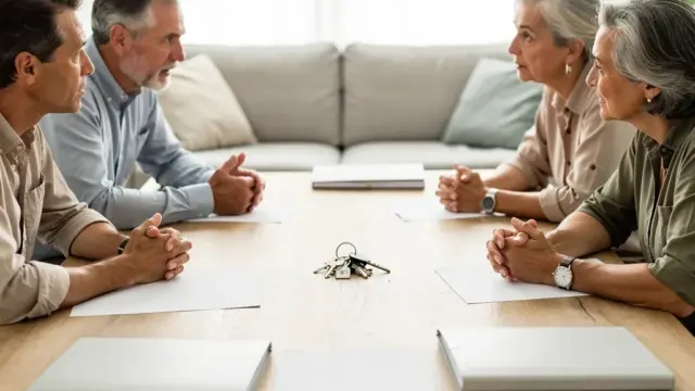 Mehrere Erben besprechen Auflösung der Erbengemeinschaft nach Todesfall für Nachlassregelung