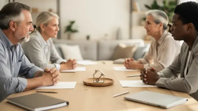 Mehrere Erben besprechen gemeinsam die Verwaltung einer Erbengemeinschaft im Büro