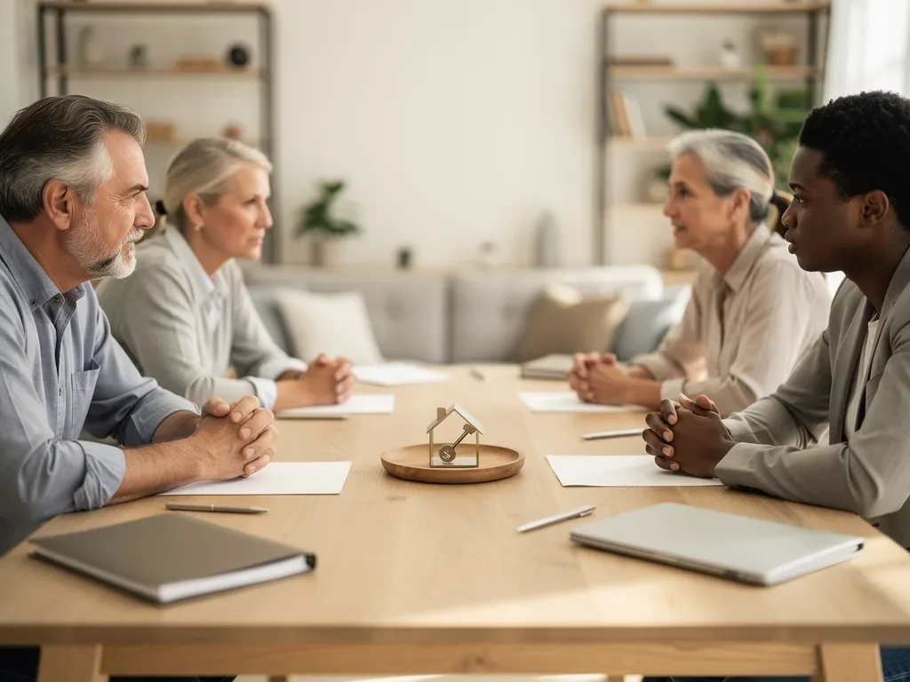 Mehrere Erben besprechen gemeinsam die Verwaltung einer Erbengemeinschaft im Büro