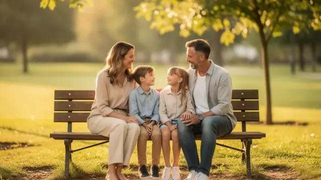 Elterngespräch im Park symbolisiert harmonisches Familienleben trotz Scheidung und Zusammenhalt