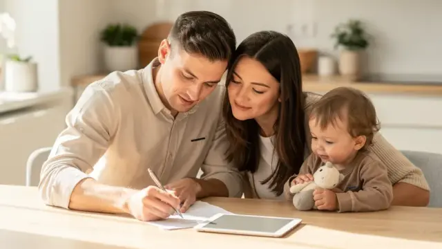 Familie beim gemeinsamen Budgetplanen mit Dokumenten und Laptop zu Hause