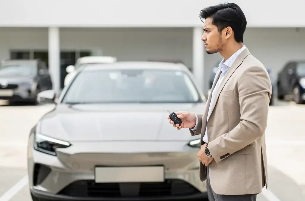 Verschiedene Autos bei Händler symbolisieren Finanzierung versus Leasing Optionen für Neuwagen