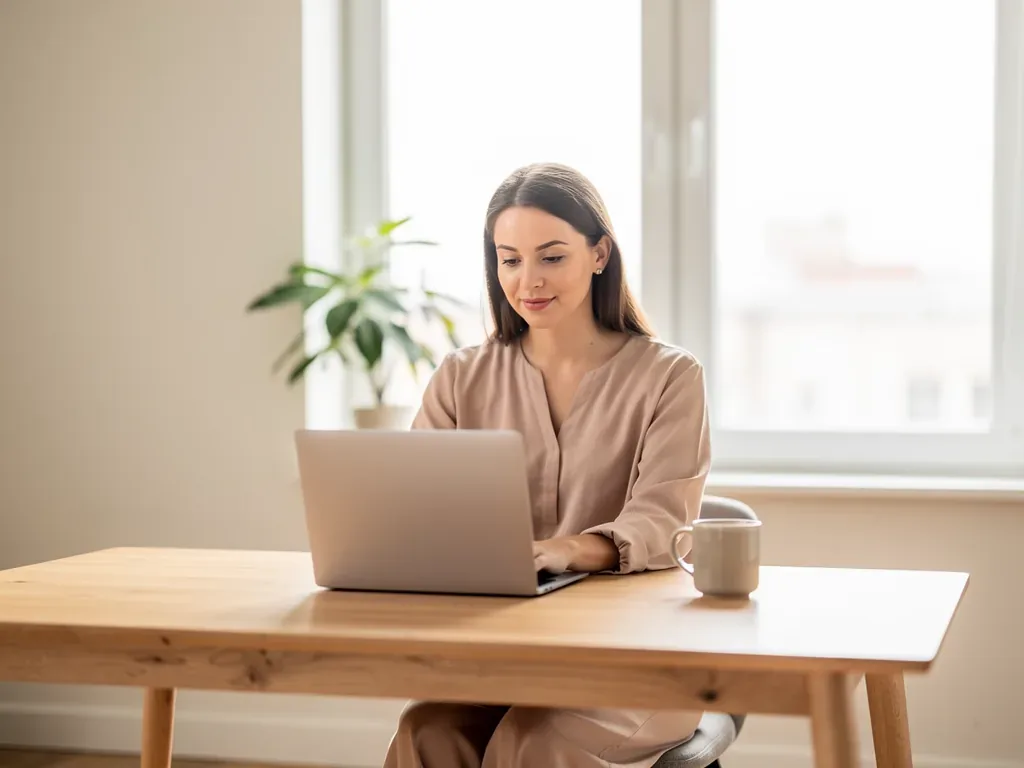 Mitarbeiterin arbeitet flexibel im Homeoffice mit Laptop und Kalenderübersicht
