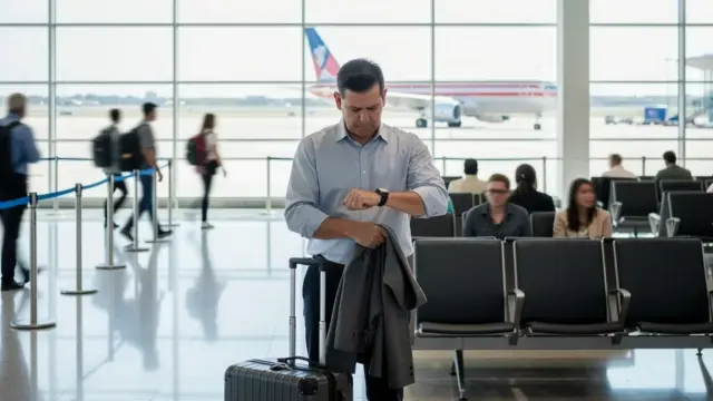 Fluggast am Flughafen wartet auf verzögerten Inlandsflug in den USA